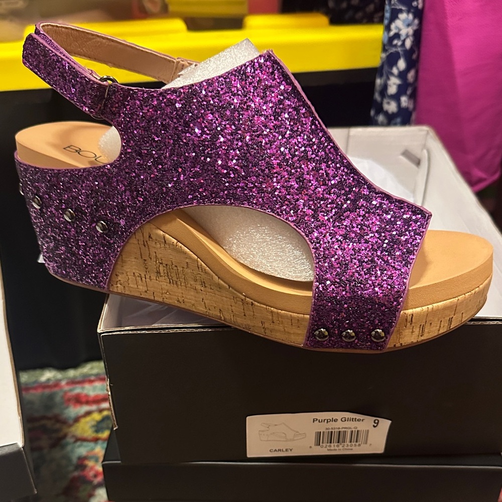 Sparkling Purple Glitter Wedge Sandals